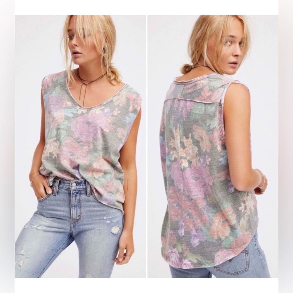 We The Free Floral Scoop Neck Tank Top in Sage Green and Pastel Pink